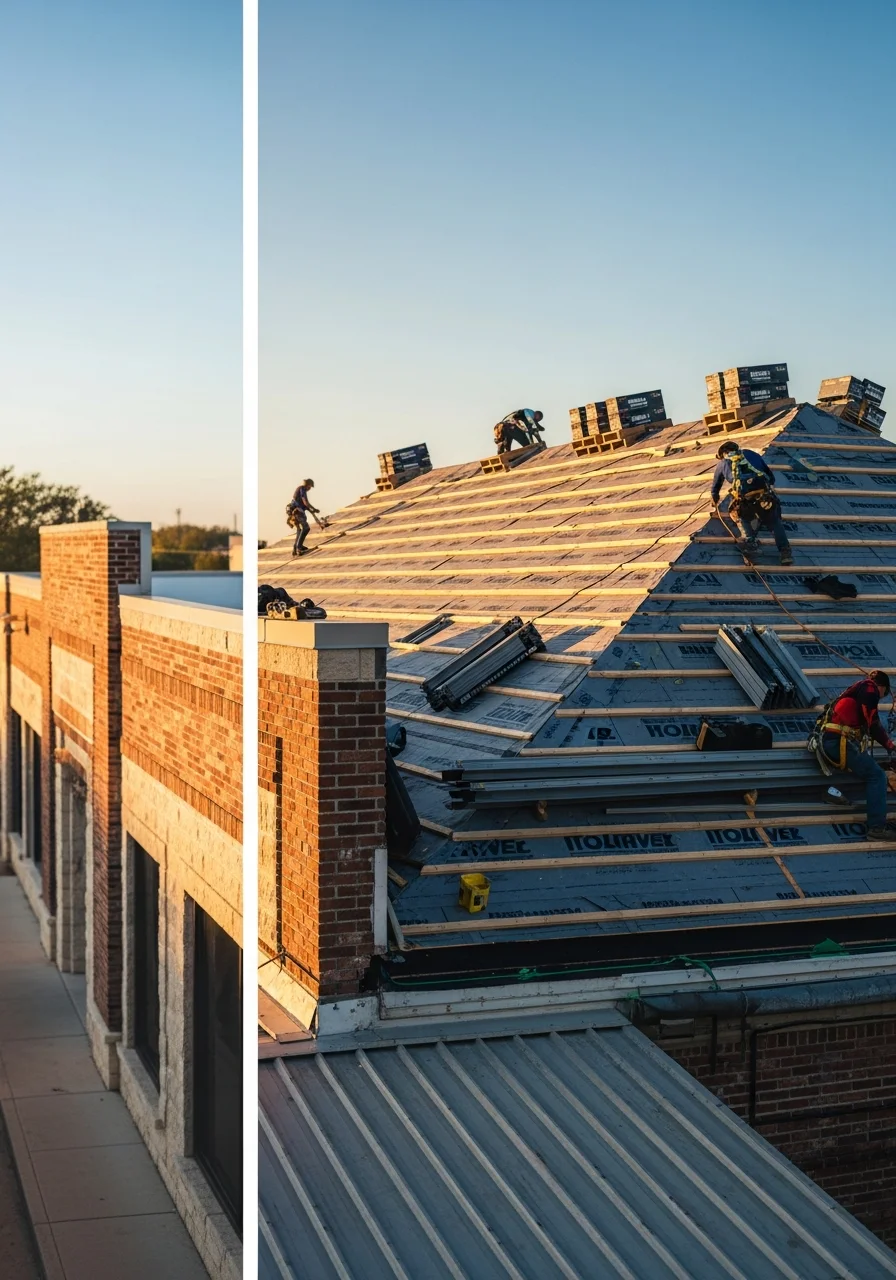 Commercial roofing installation on Fort Bend County business building with clear blue sky