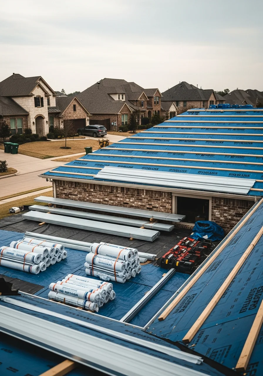 Professional roofers installing metal and TPO roofing in Stafford TX