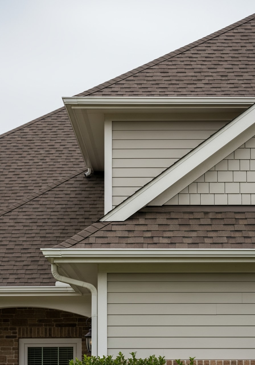 Architectural detail of a Woodlands home exterior showing quality finishes and design.