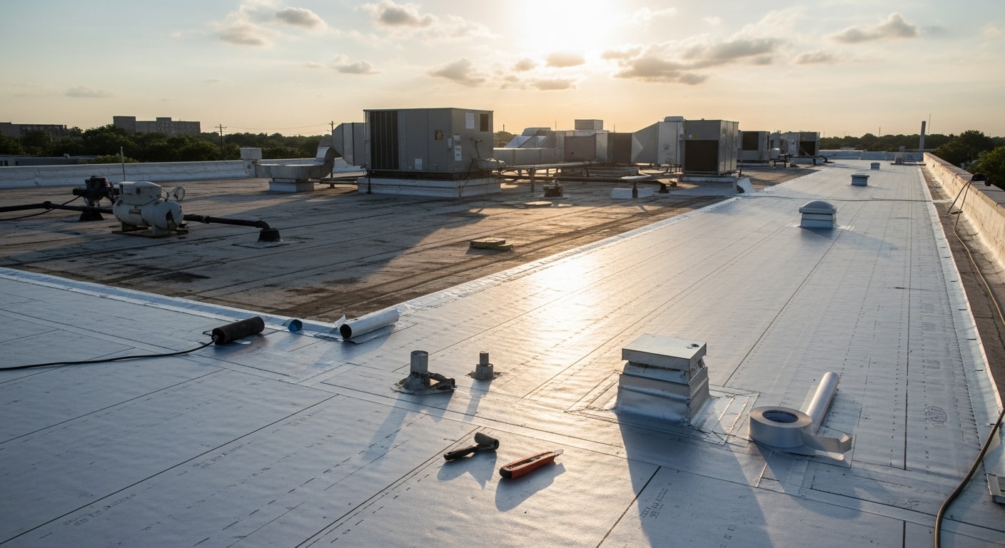 A completed commercial flat roof installation on a low-slope mixed-use building in The Heights, Houston, showing a white reflective membrane with heat-welded seams and rooftop HVAC units. The surrounding Heights streetscape with established commercial buildings is visible in the background.