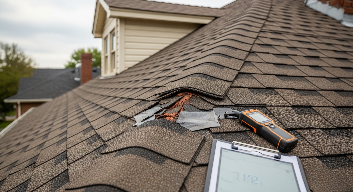 A roofing inspector examining shingles and flashing on a historic bungalow rooftop in The Heights, Houston, with a mature tree canopy visible in the background. Close-up view shows granule loss and lifted shingle edges documented during a post-storm damage assessment.
