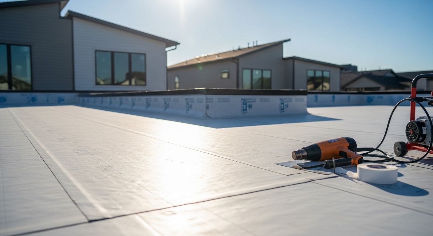 A completed flat roofing installation on a residential property in The Heights, Houston, showing a clean membrane surface with properly positioned drains and flashing along the parapet wall. The surrounding tree-lined street and mix of bungalow and townhome structures typical of The Heights neighborhood are visible in the background.