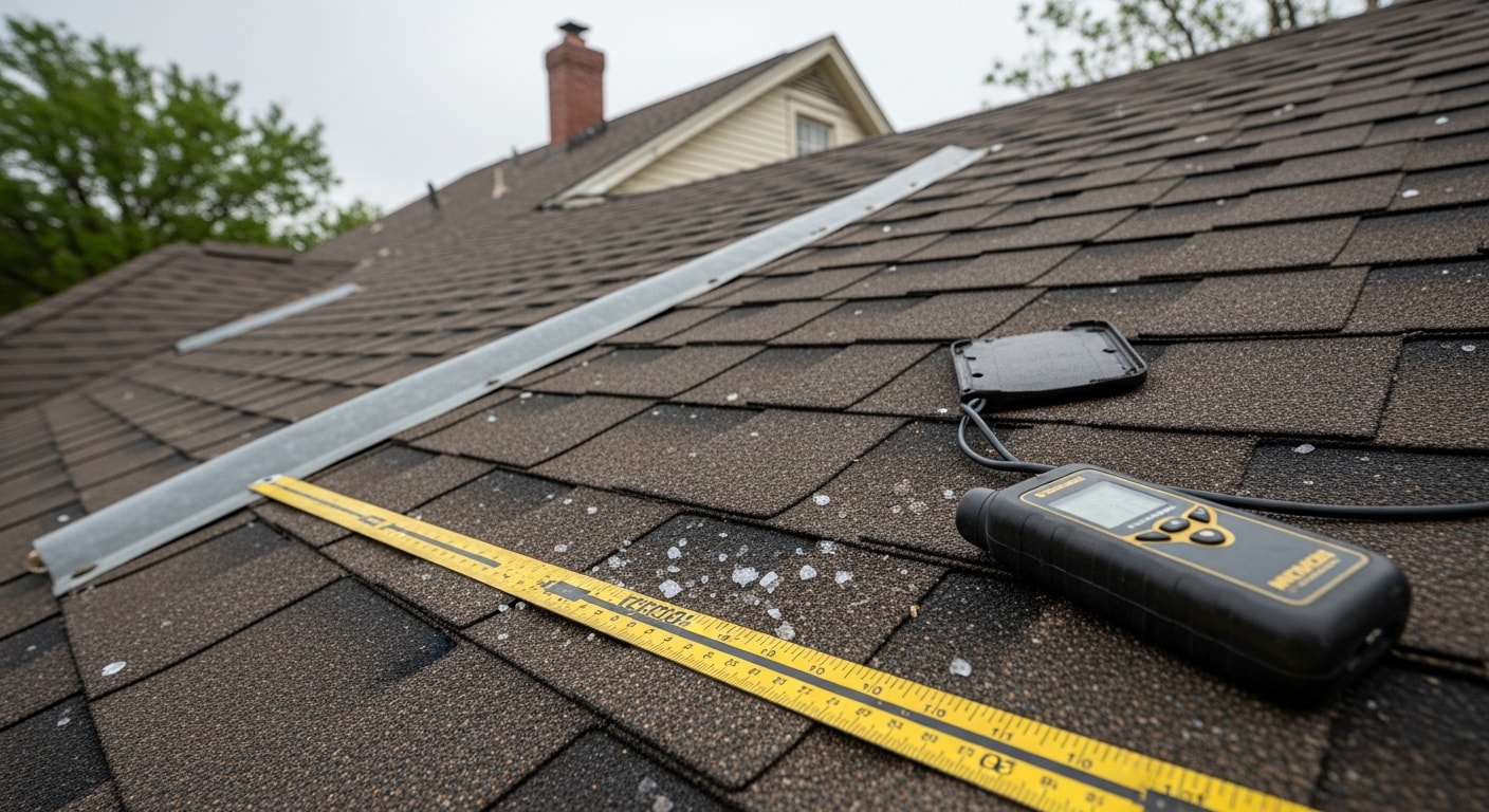 A repaired roof on a craftsman bungalow in The Heights, Houston, showing replaced shingles and restored flashing after hail damage. A roofing technician inspects the completed work from the roofline.