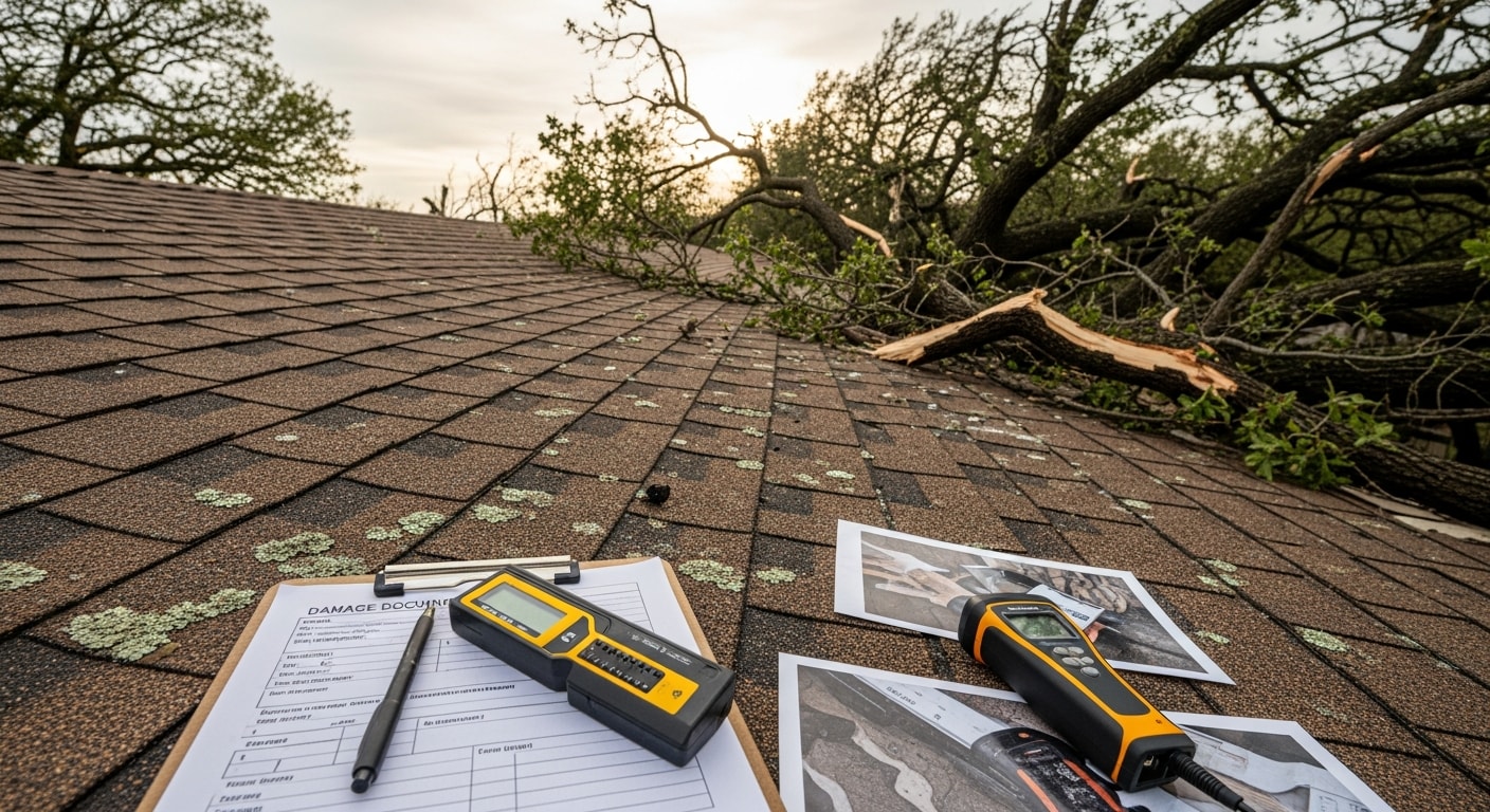 A roofing contractor documenting hail damage on the roof of an older craftsman-style home in The Heights, Houston, with a tablet and inspection report in hand. Close-up view shows dented metal flashing and granule loss on shingles consistent with storm impact.