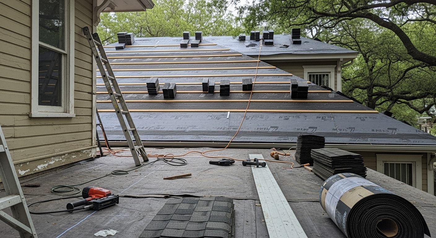 A newly installed residential roof on a historic Craftsman bungalow in The Heights, Houston, showing clean ridge lines and properly seated shingles on a steep-pitched roofline. The surrounding mature tree canopy and period-style trim details of the home are visible in the background.
