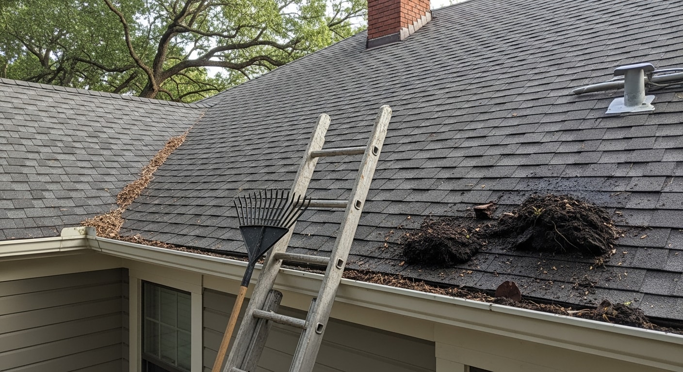 A roofing contractor inspecting the shingles and flashing on a historic bungalow in The Heights, Houston, with a mature tree canopy visible in the background. Close-up view shows clean gutters and intact ridge line following a professional roof maintenance visit.
