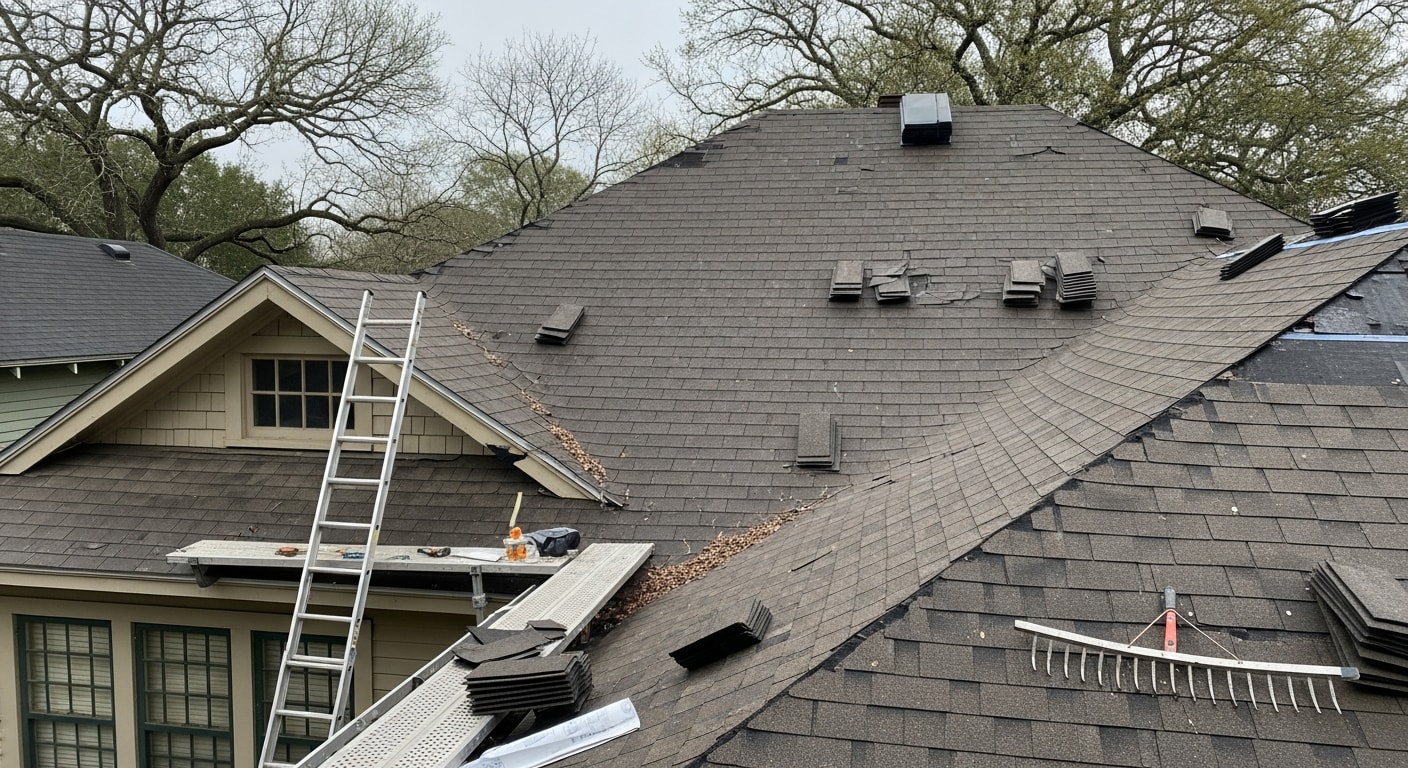 A roofer repairing damaged shingles on a steep-pitched Victorian bungalow roofline in The Heights, Houston. Close-up view shows replaced shingles and sealed flashing along a dormer edge on a historic home.
