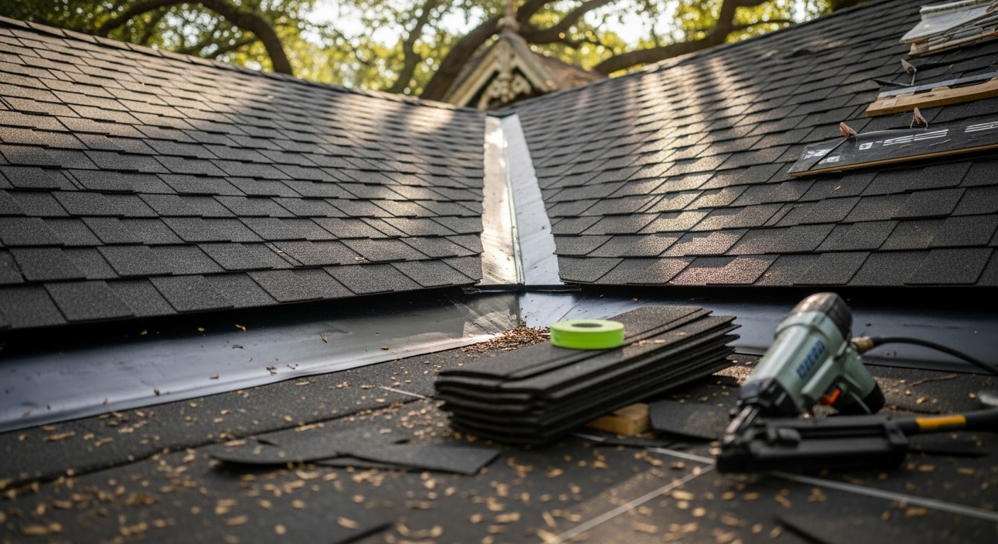 A freshly installed shingle roof on a two-story Craftsman-style home in The Heights neighborhood of Houston, Texas. The roof features clean ridge lines, uniform shingle coursing, and new metal flashing at the gable edges.