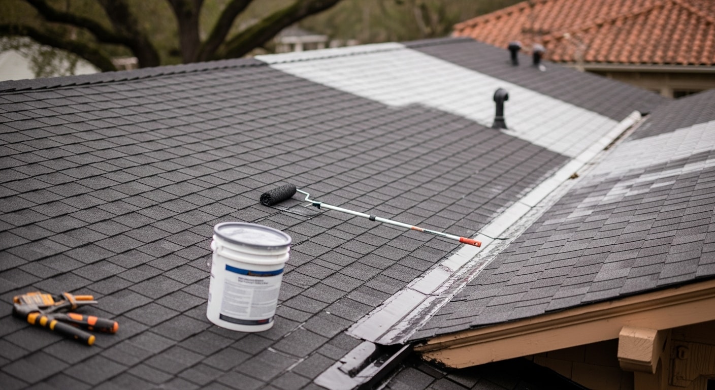 A residential rooftop in The Heights, Houston, with a freshly applied specialty roof coating creating a smooth, uniform surface. The surrounding tree canopy and craftsman-style roofline are visible in the background.