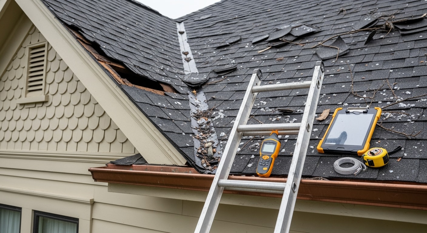 A Heights Houston home with a repaired roof showing replaced shingles and restored flashing after storm damage. The historic bungalow-style property sits on a tree-lined street typical of the Greater Heights neighborhood.