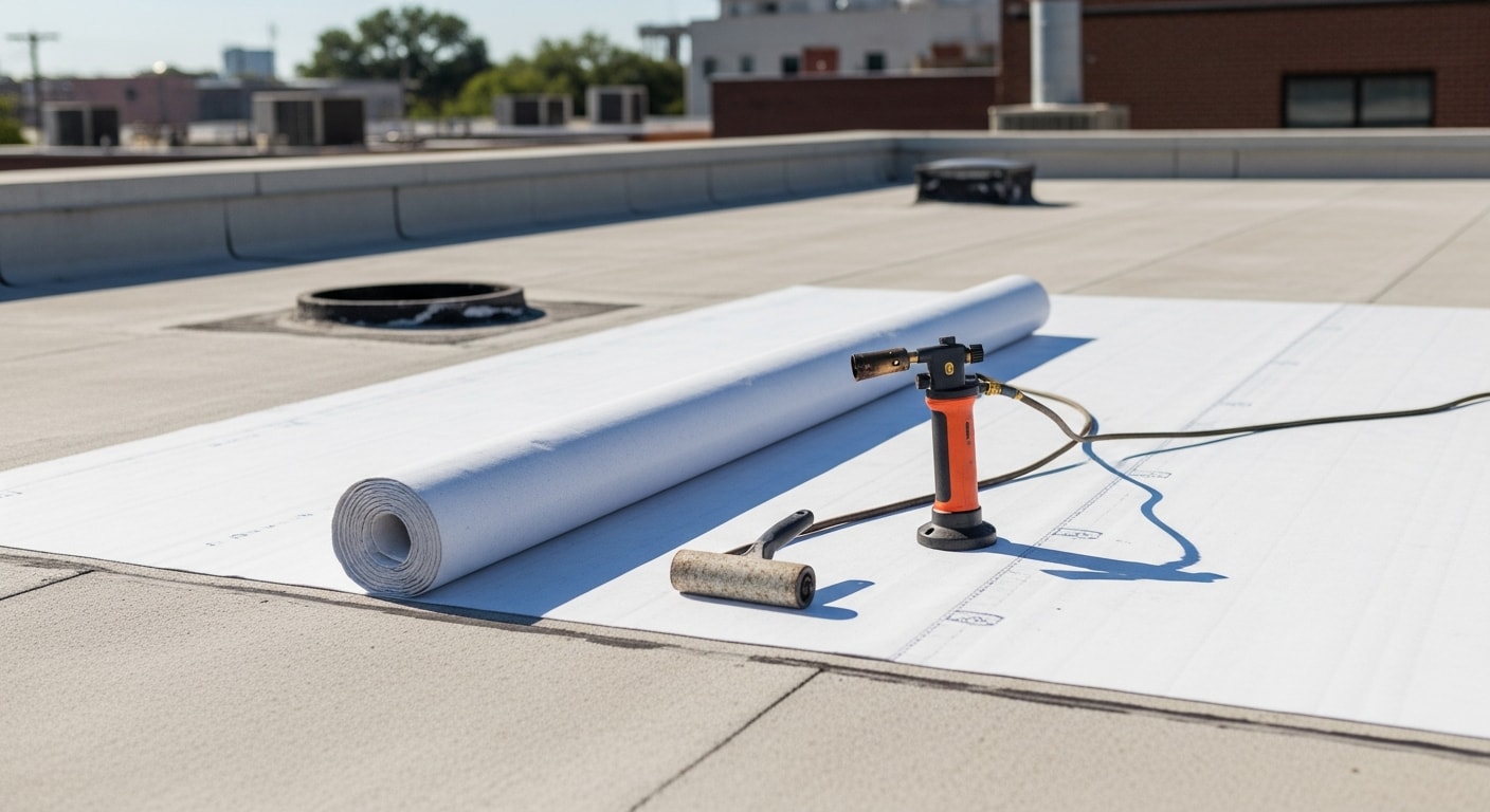 A completed TPO roofing installation on a flat-roof townhome in The Heights, Houston, showing a white reflective membrane with clean heat-welded seams. The surrounding neighborhood streetscape and mature tree canopy are visible in the background.