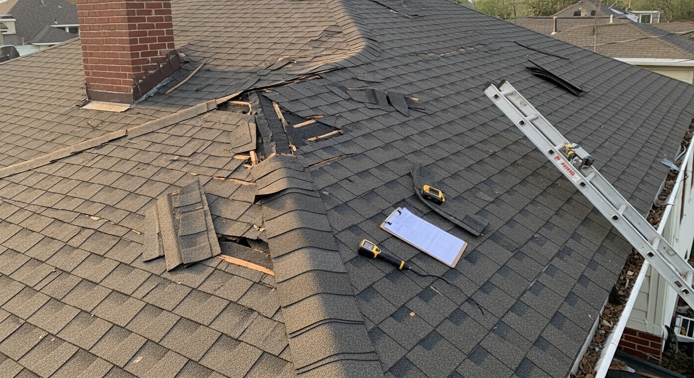 A craftsman bungalow rooftop in The Heights, Houston, showing a contractor inspecting lifted shingles and damaged flashing after a wind storm. Close-up view of repaired ridge cap and secured shingle edges on an early-1900s home.